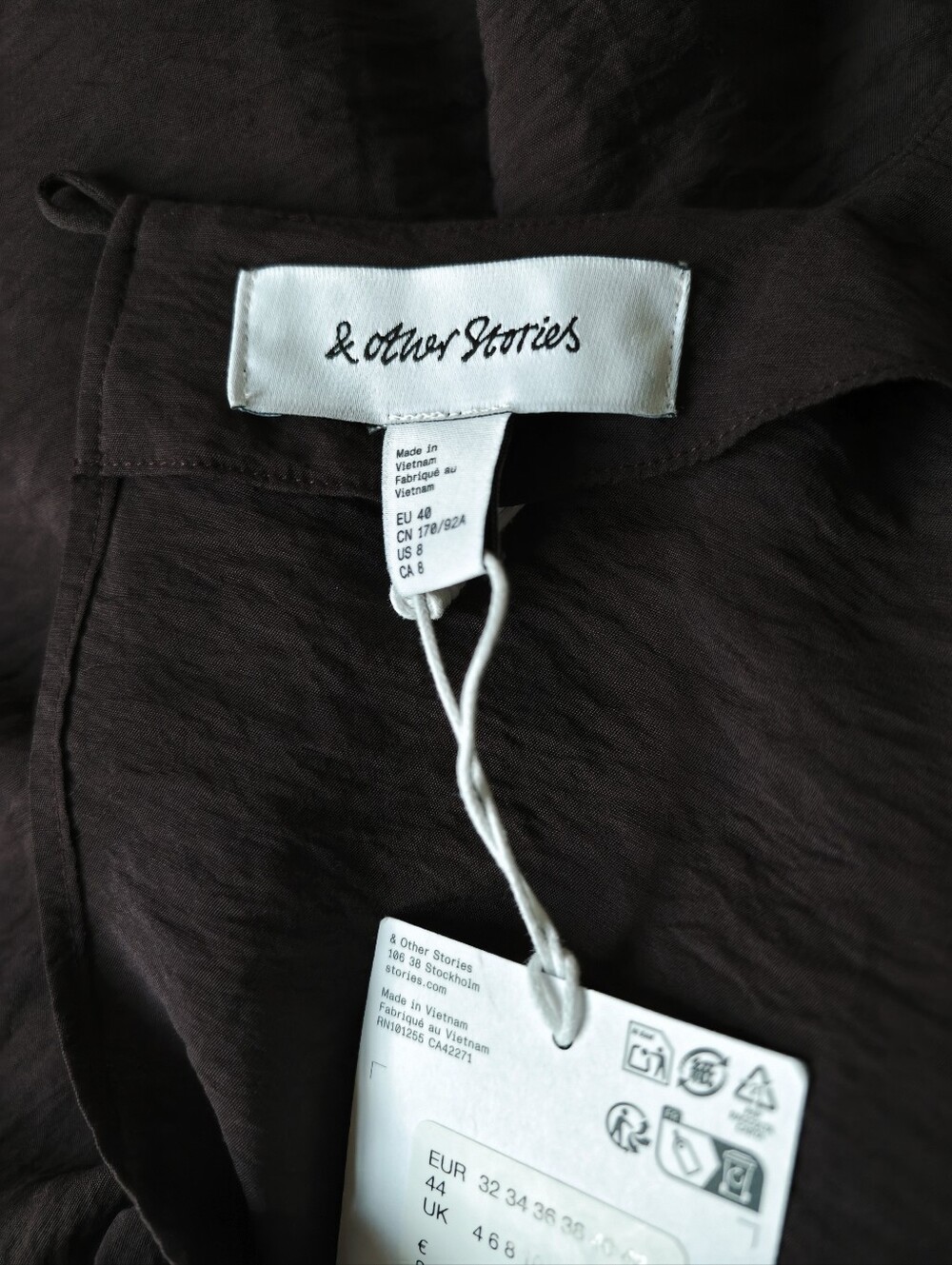 NWT & Other Stories Chocolate Brown V-Neck Midi Dress with Balloon Sleeves - Picture 12 of 15